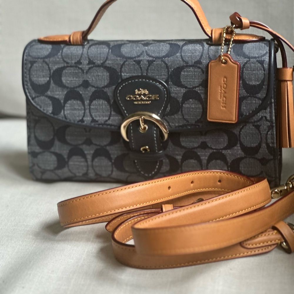 Coach Kleo Too Handle Navy and Tan Crossbody Bag